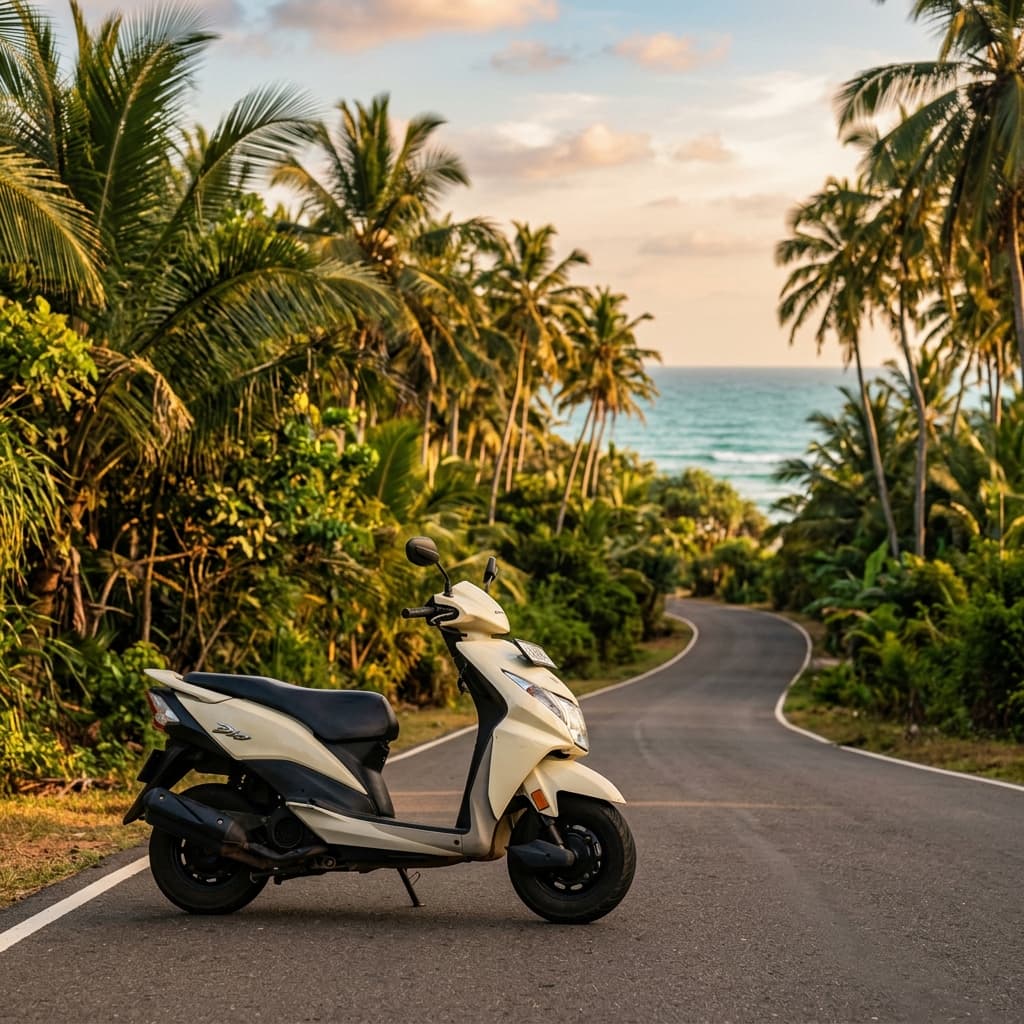 Honda Dio scooter parked on scenic tropical coastal road in Ahangama Sri Lanka